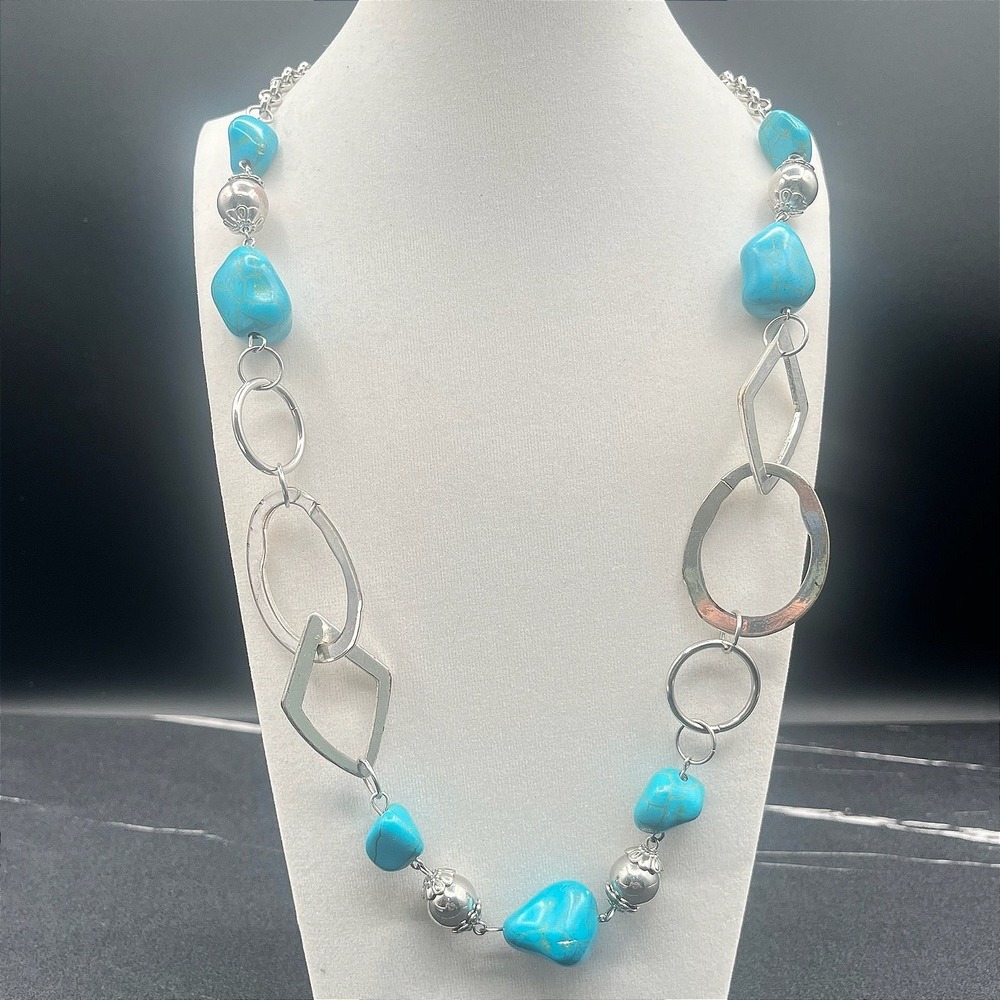 Vintage Y2K Silver Tone Statement Turquoise Beads Nugget Link Necklace Jewellery